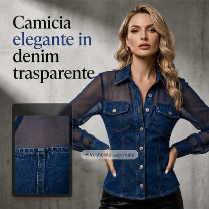 🎉 🔥Offerta limitata nel tempo, sconto del 60%👕Top da donna in denim con patchwork in rete – Top elegante e chic dalla linea aderente✨