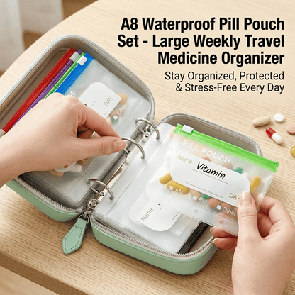 💊 A8 Organizer Impermeabile 14 Bustine Portapillole Codificate a Colori – Custodia da Viaggio Settimanale in Stile Raccoglitore per Pillole, Vitamine e Integratori💊