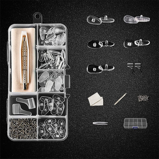 🔥Offerta imperdibile: SCONTO DEL 50%🔥 Kit di riparazione per naselli di occhiali – 22 paia di cuscinetti in silicone, viti, cacciavite, pinzette 👓
