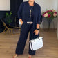 Elegante cardigan lungo, top e pantaloni, set di 3 pezzi