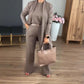 Elegante cardigan lungo, top e pantaloni, set di 3 pezzi