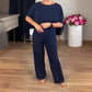 Elegante cardigan lungo, top e pantaloni, set di 3 pezzi