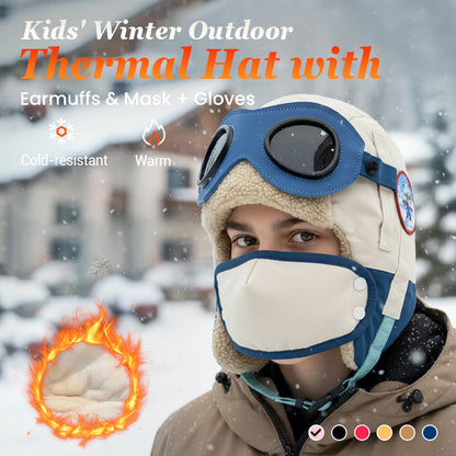 Pacchetto convenienza: Cappello termico invernale da esterno per bambini con paraorecchie e maschera + guanti