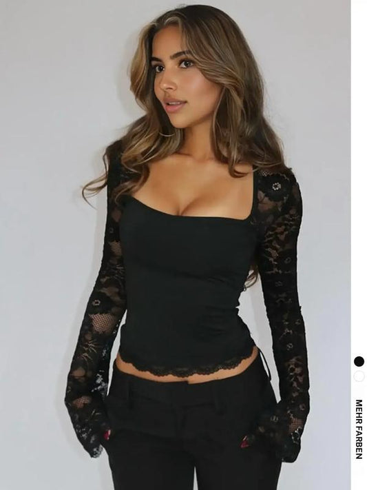 T-shirt da donna in tinta unita con pizzo floreale, volant e maniche trasparenti