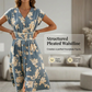 Abito midi da donna con scollo a V, stampa floreale e bottoni frontali