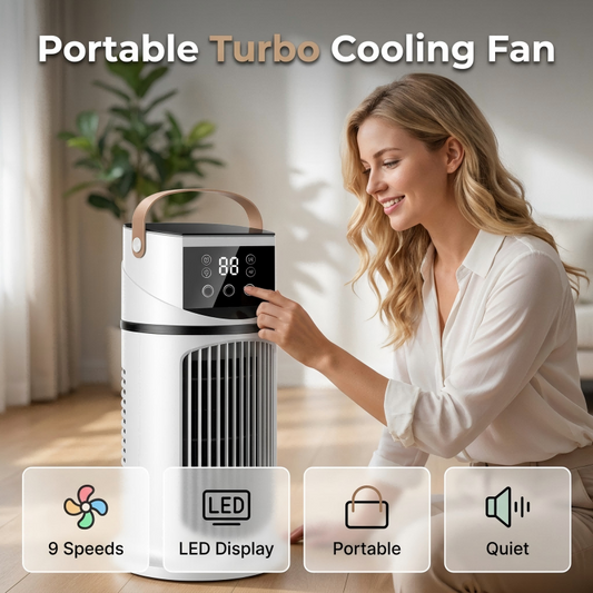 🌬️ SCONTO DEL 50% A TEMPO LIMITATO! ✨ Ventilatore turbo a 9 velocità – Portatile, silenzioso, con controllo dell'umidità 💨