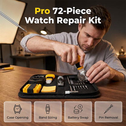 Kit completo per la riparazione di orologi, composto da 72 pezzi.