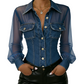 🎉 🔥Offerta limitata nel tempo, sconto del 60%👕Top da donna in denim con patchwork in rete – Top elegante e chic dalla linea aderente✨