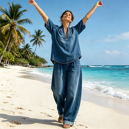 Completo estivo da donna in denim: top con scollo a V e pantaloni a gamba larga.