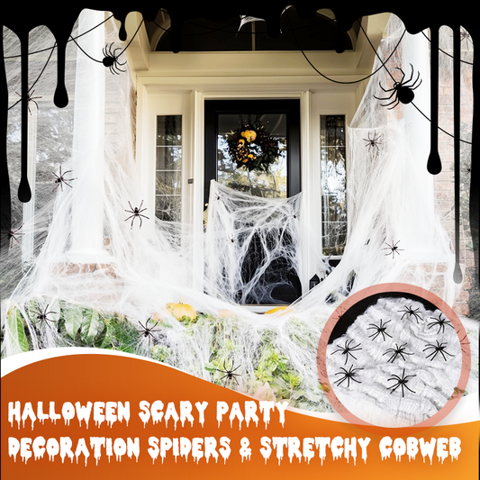 Decorazioni spaventose per feste di Halloween: ragni e ragnatele elastiche