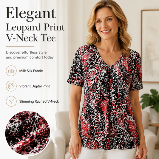 T-shirt da donna a maniche corte con scollo a V e stampa leopardata, modello tunica plissettata