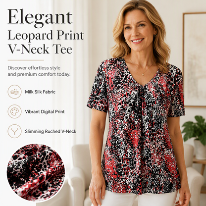T-shirt da donna a maniche corte con scollo a V e stampa leopardata, modello tunica plissettata