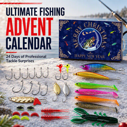 Calendario dell'Avvento di Natale con esche da pesca a sorpresa e cucchiaini a forma di pesciolino.