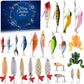 Calendario dell'Avvento di Natale con esche da pesca a sorpresa e cucchiaini a forma di pesciolino.