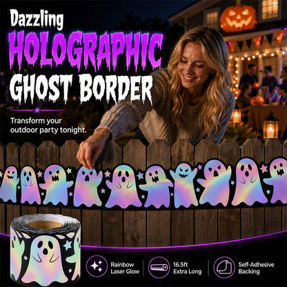 Adesivo olografico di Halloween con bordo a forma di fantasma laser