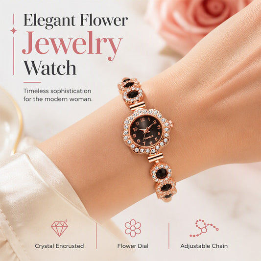Elegante orologio da donna con lunetta floreale e strass