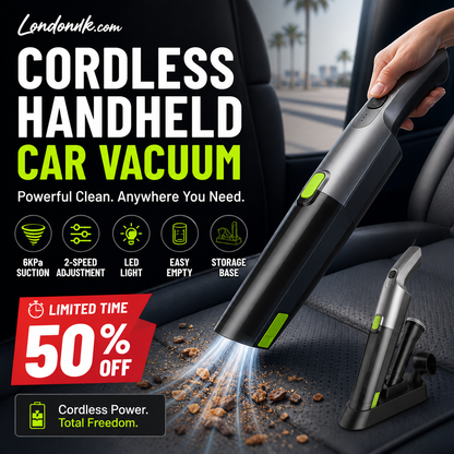 ⏰50% DI SCONTO⏰ Aspirapolvere portatile senza fili per auto – Aspirazione da 6 kPa, 2 velocità regolabili, luce LED, design con svuotamento facilitato – Include base di appoggio! 🔋